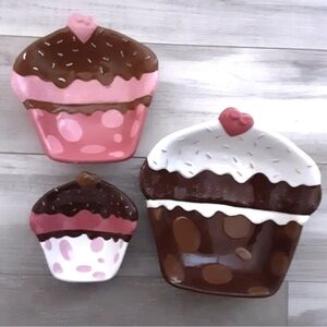 3-PC Ceramic Nesting Bowls, Pink & White & Brown, Cupcake Design, valentines day